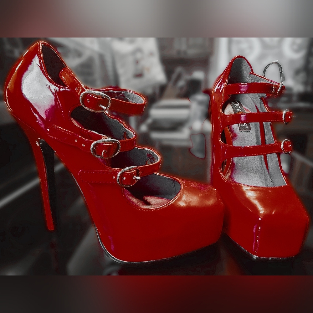 Pleasers Devious "Fetish" Collection Multi-Strap Heels In Cherry Red ((RARE!))